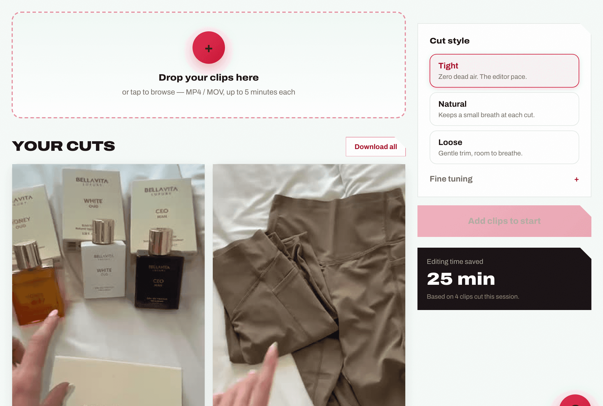 TikEditor dashboard showing finished cuts
