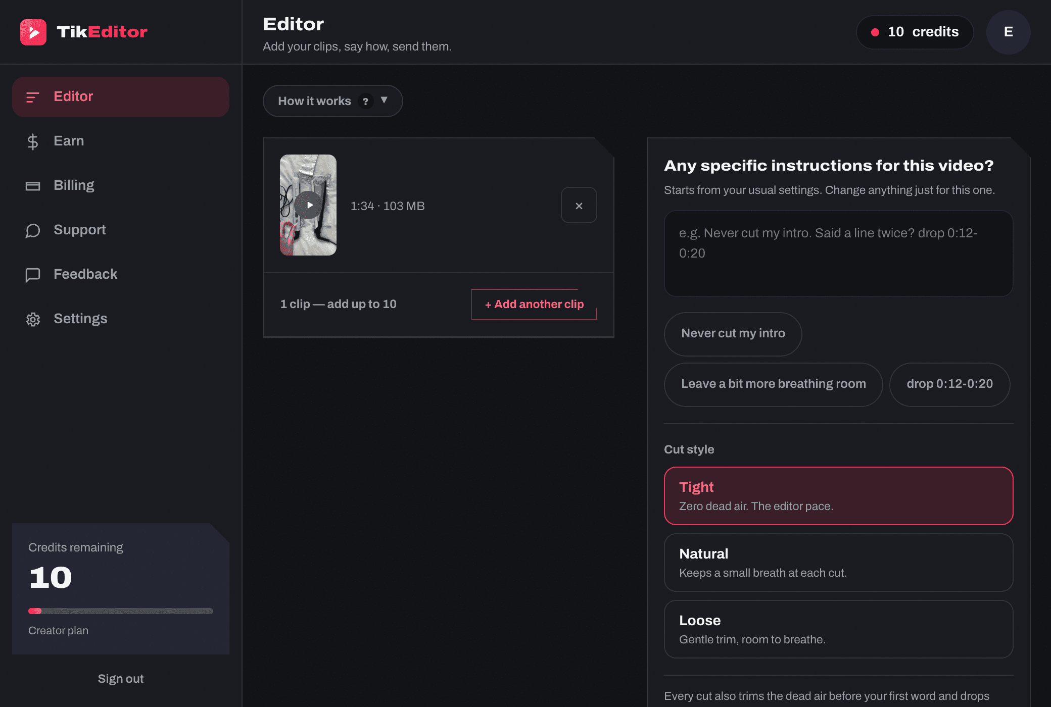The TikEditor dashboard, with a clip staged and the cut styles on the right