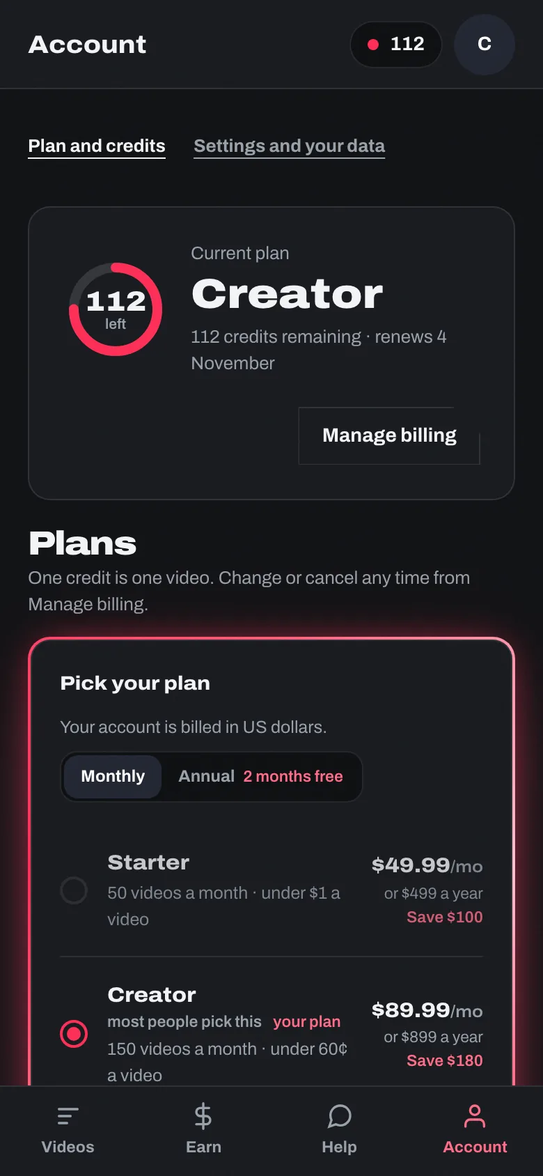 The Account tab on a phone: what is left as a ring, the current plan and when it renews, with the Manage billing button under it