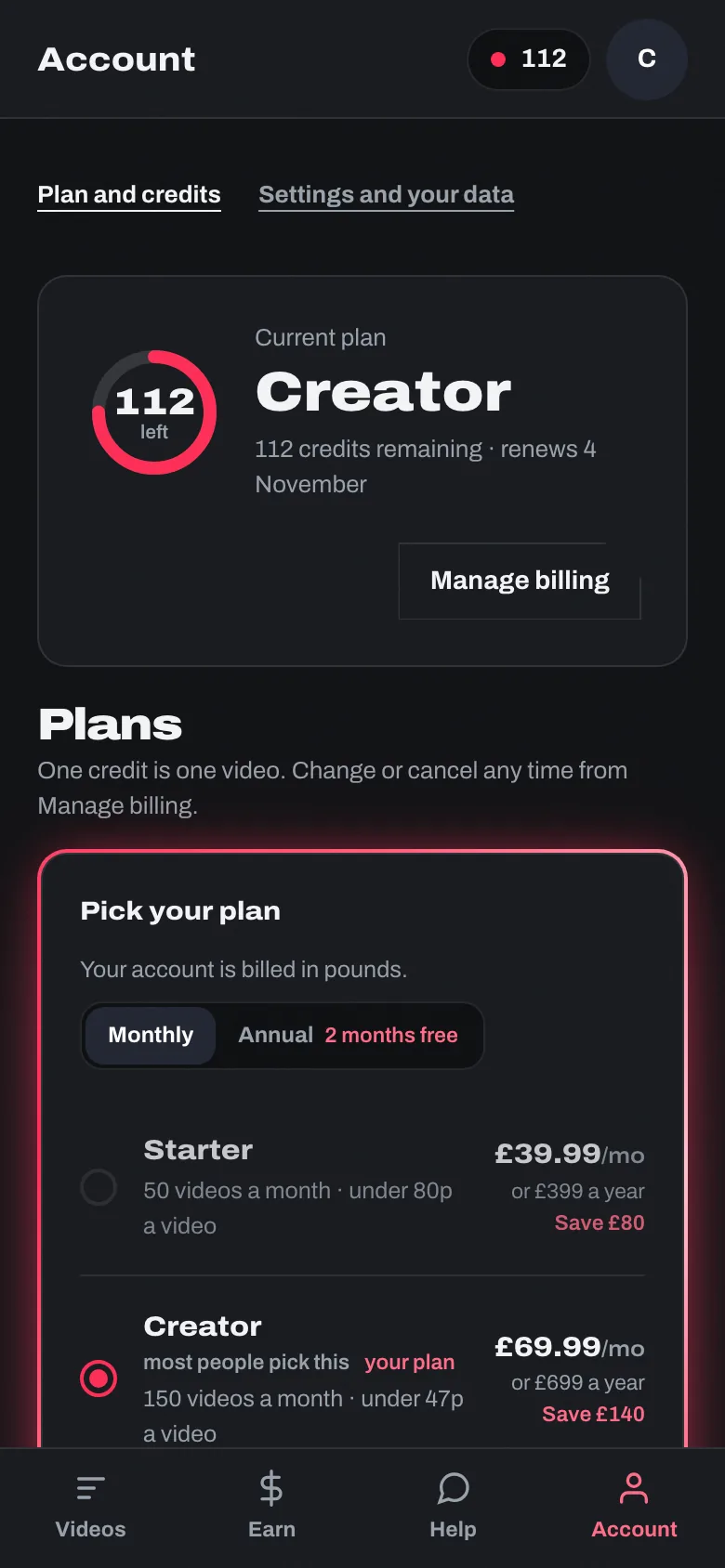 The Account tab on a phone: what is left as a ring, the current plan and when it renews, with the Manage billing button under it