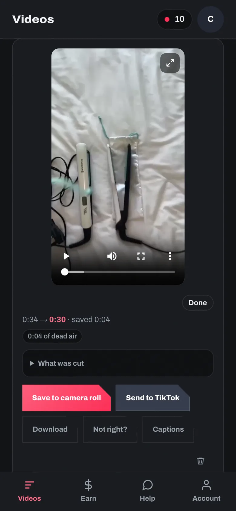 A finished video on the Videos tab, with Save to camera roll, Send to TikTok, Download and Captions under it