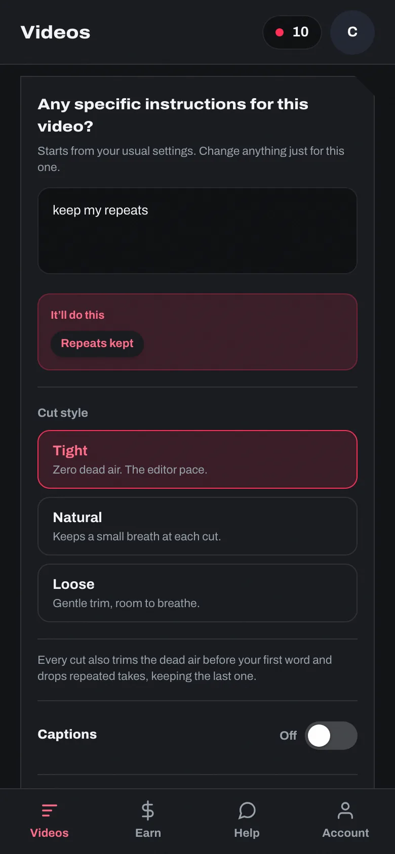 The instructions box on the Videos tab with “keep my repeats” typed in, and the “Repeats kept” label it turns into