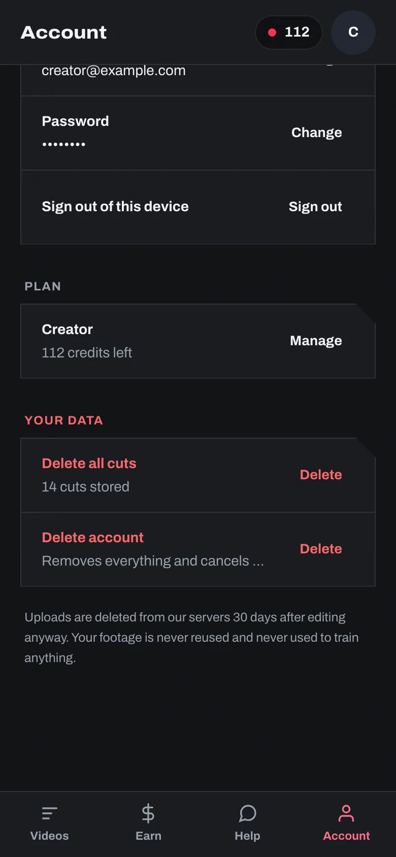 The Account tab on a phone, at Your data: Delete all cuts and Delete account, each with its Delete button