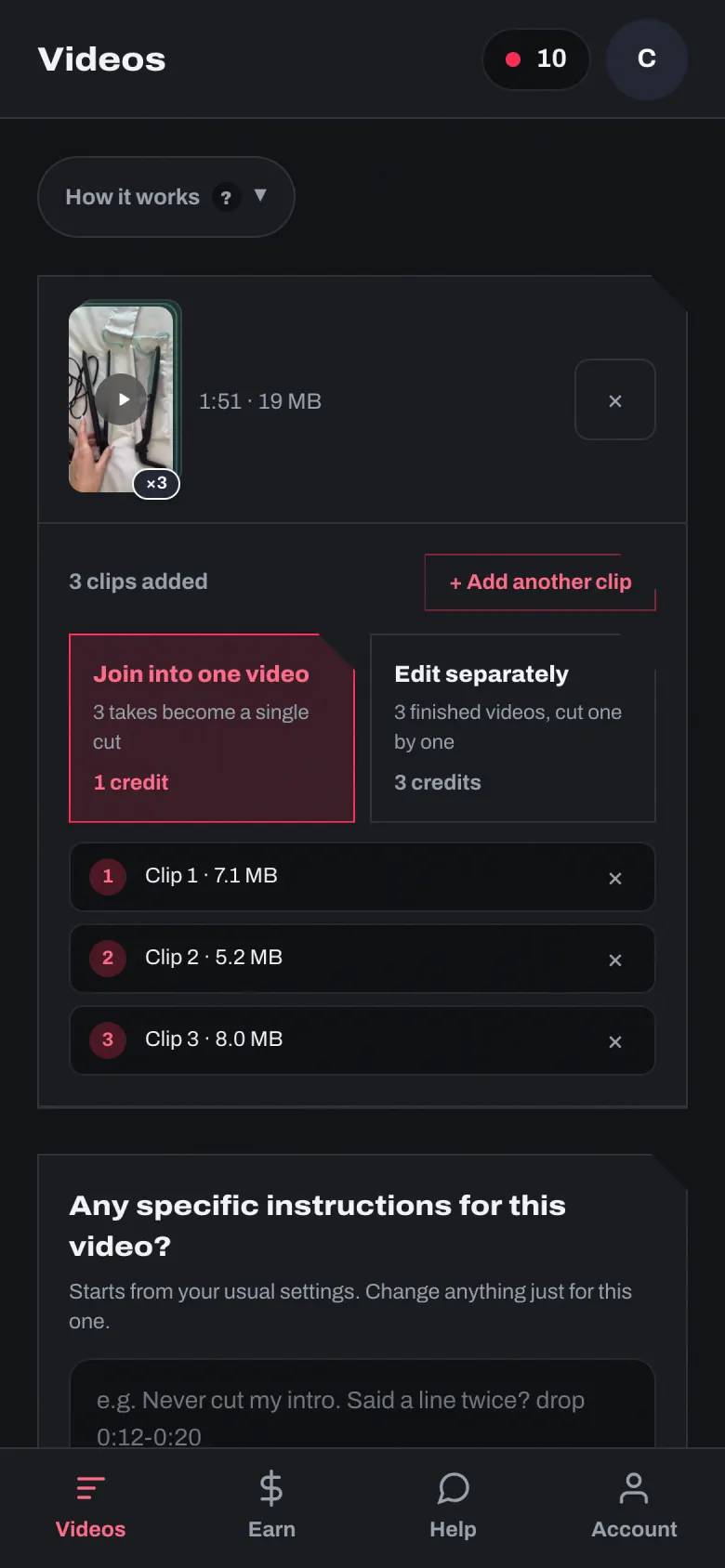 Three clips added on the Videos tab, with the choice between joining them into one video and editing them separately