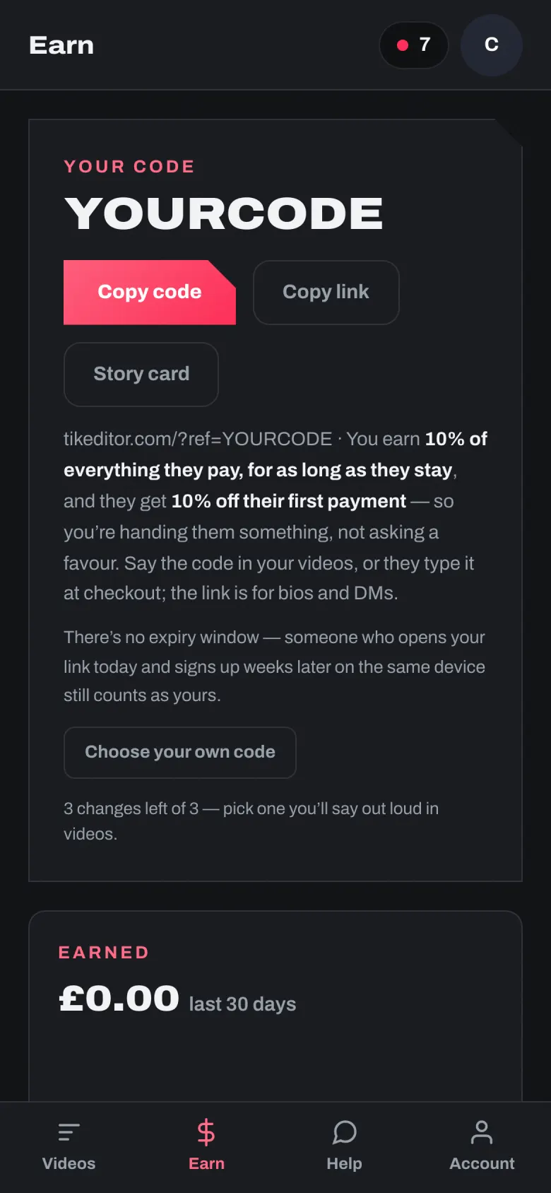 The Earn tab on a phone: your code, with Copy code and Copy link