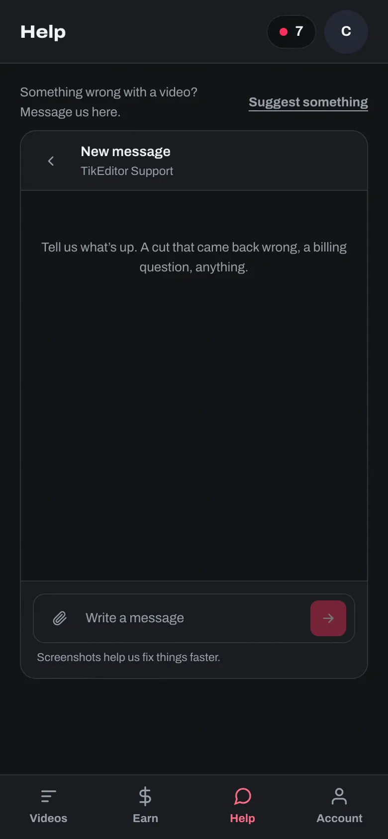 The Help tab on a phone, open on a new message